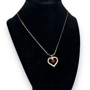 Vintage Heart Pendant Necklace Gold Tone Chain Clear Red Rhinestones 17" Estate